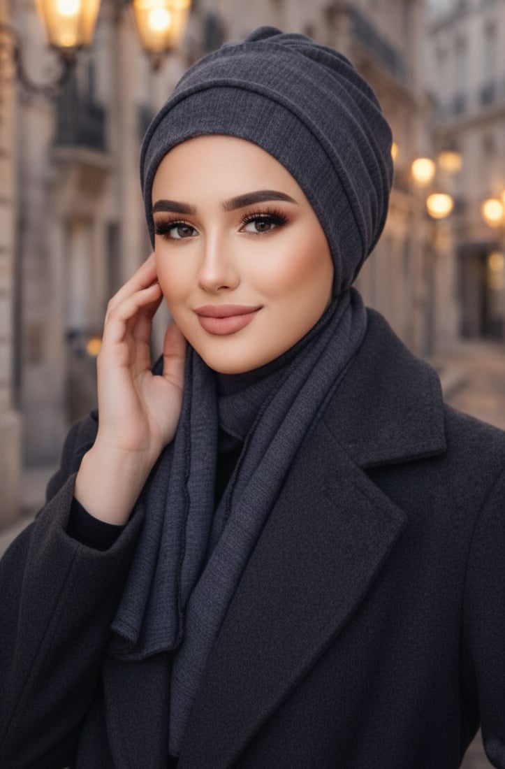 Koyu Gri Triko Atkılı Tesettür Bone