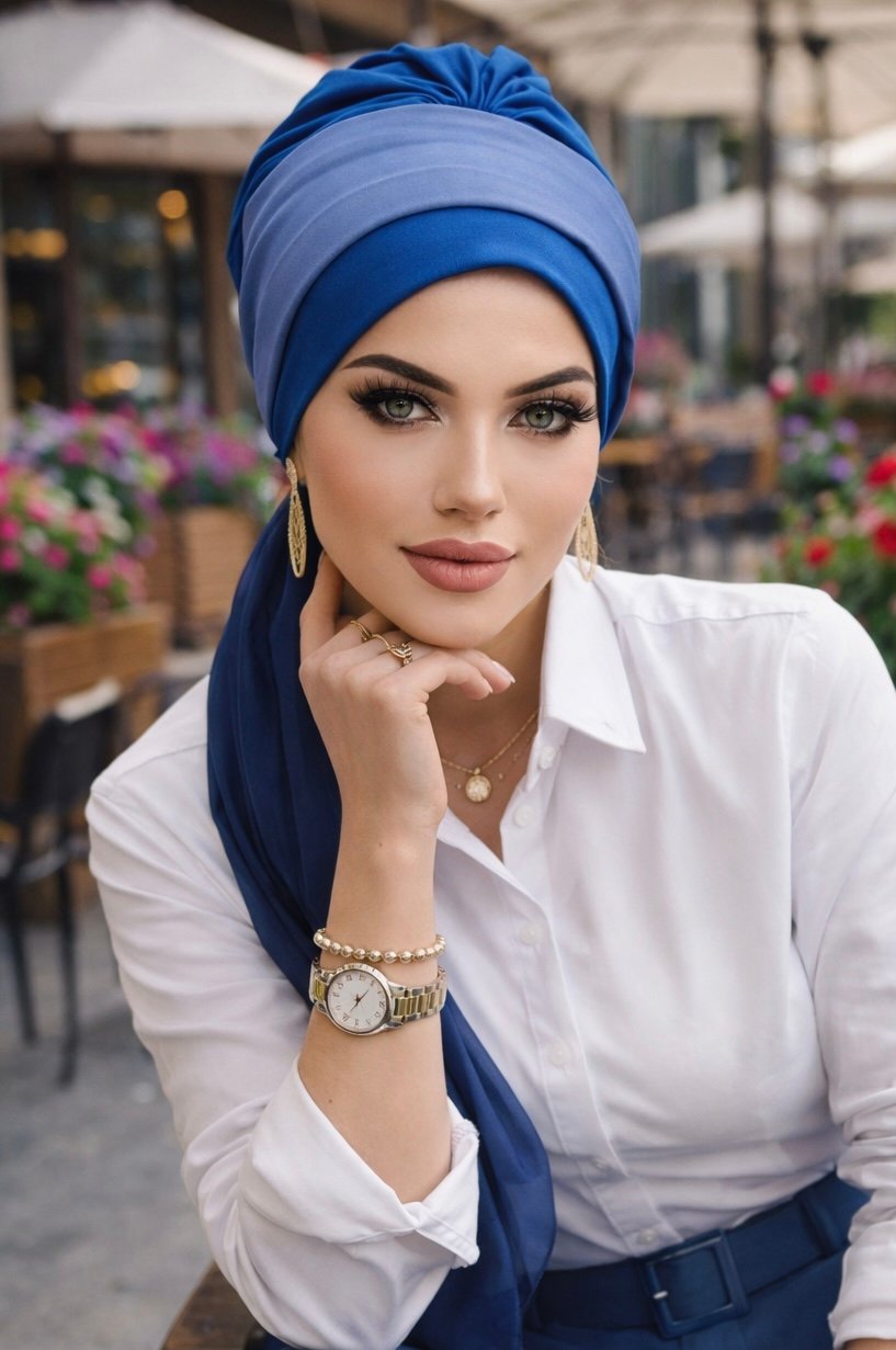 Koyu Mavi Batik Fularlı Desen Fularlı Bone