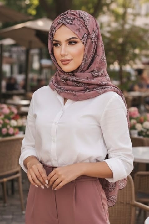 Koyu Pudra Retro Desen Hazır Şal