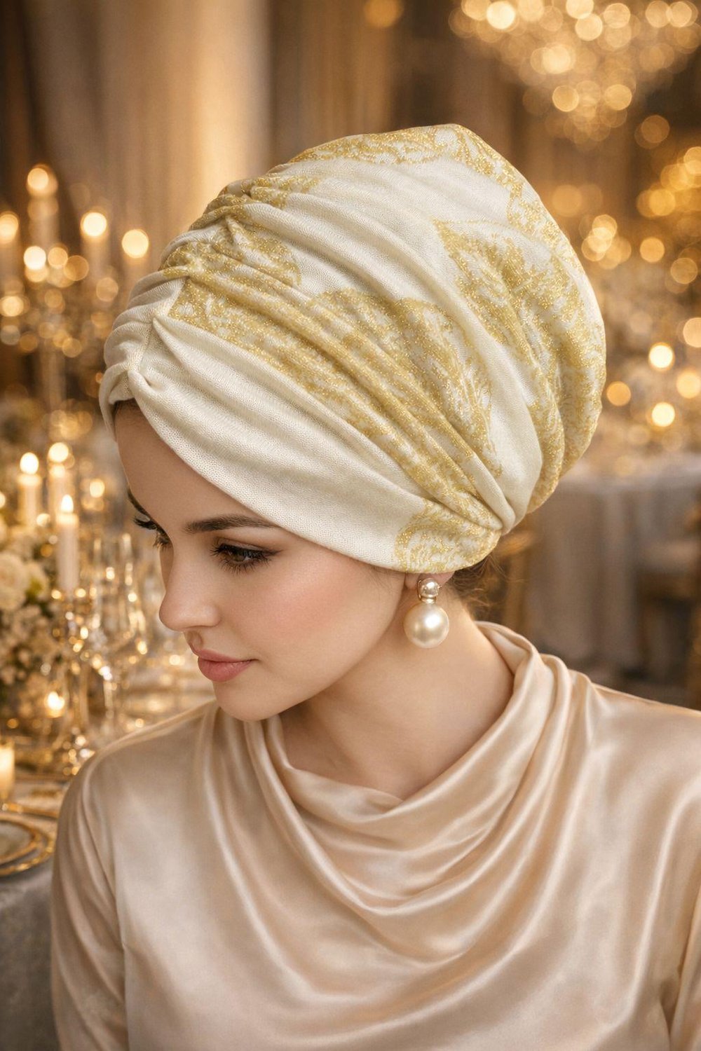 Krem Gold Yaldızlı Büzgülü Salaş Bone