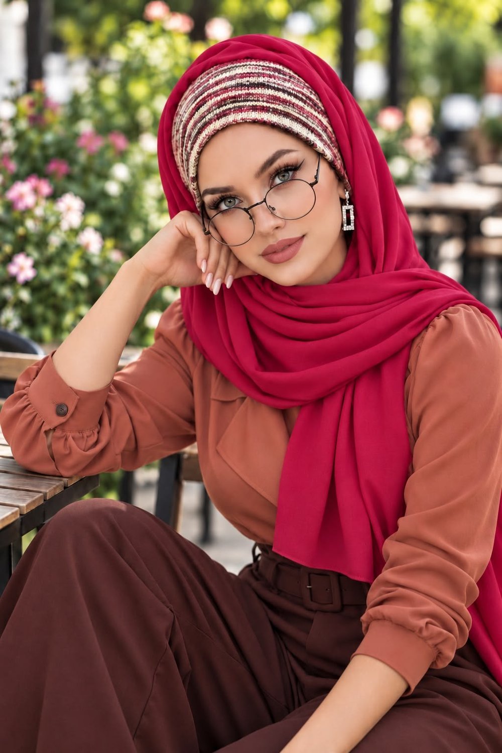 Orkide Pembe Ekru Desenli Bandana Şal / Bağcıksız Şal