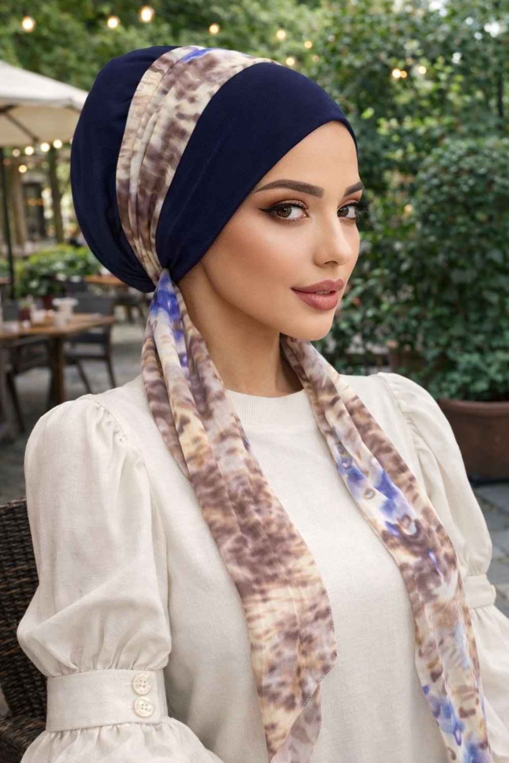 Lacivert Bej Çiçek Desen Fularlı Bone