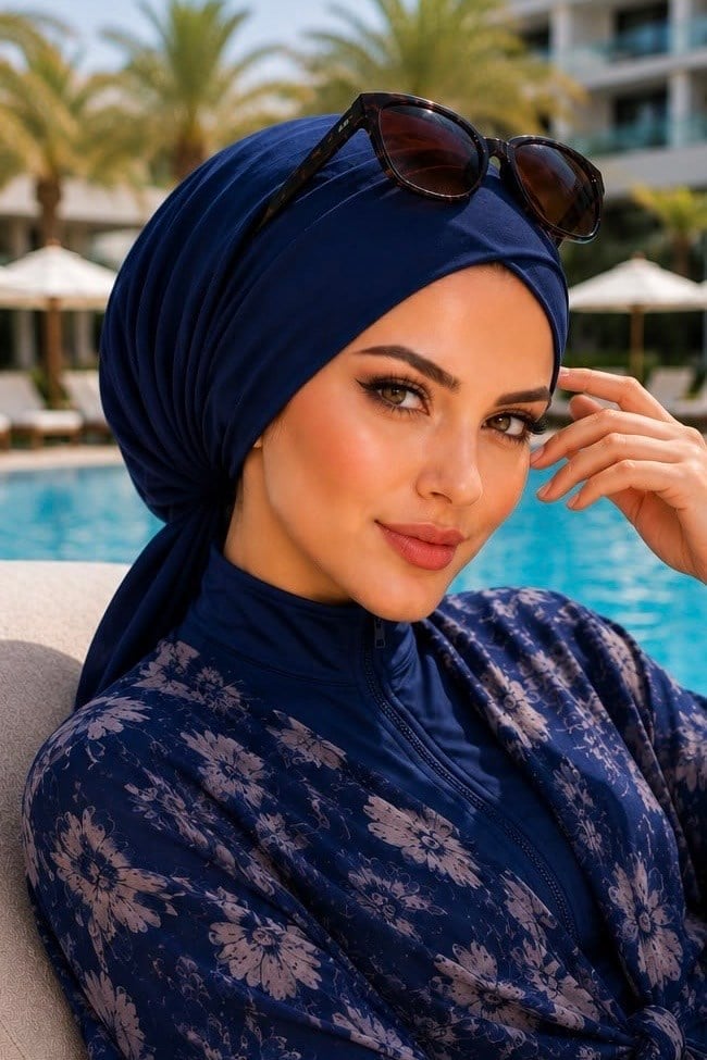 Lacivert Çapraz Deniz - Havuz Bonesi