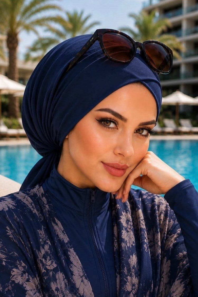 Lacivert Çapraz Deniz - Havuz Bonesi