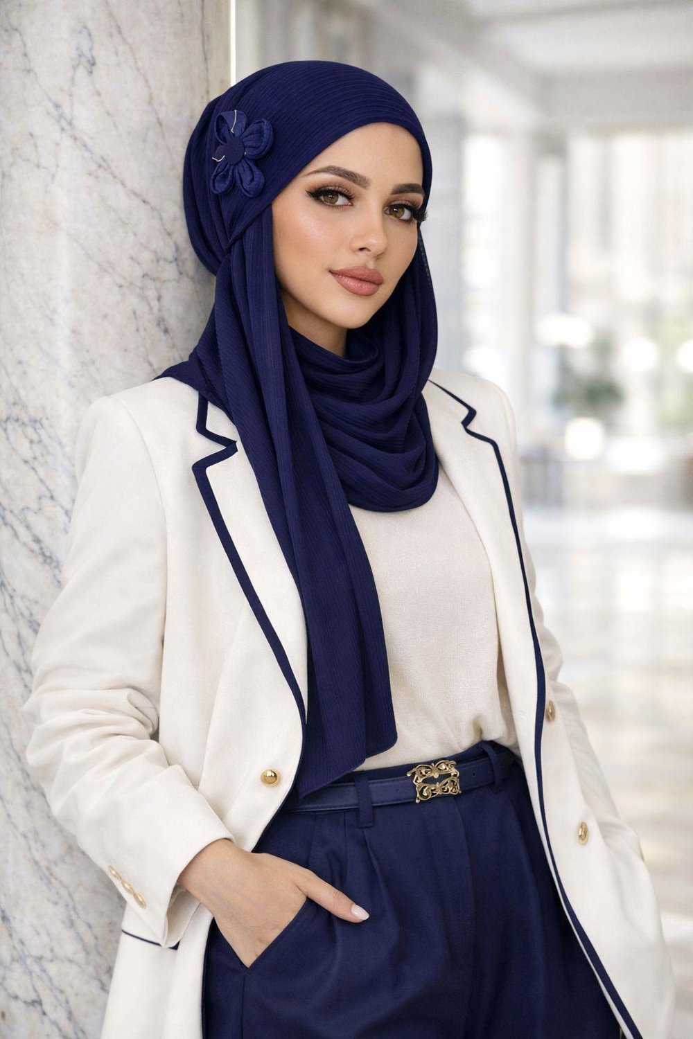 Lacivert Çiçekli Pratik Şal