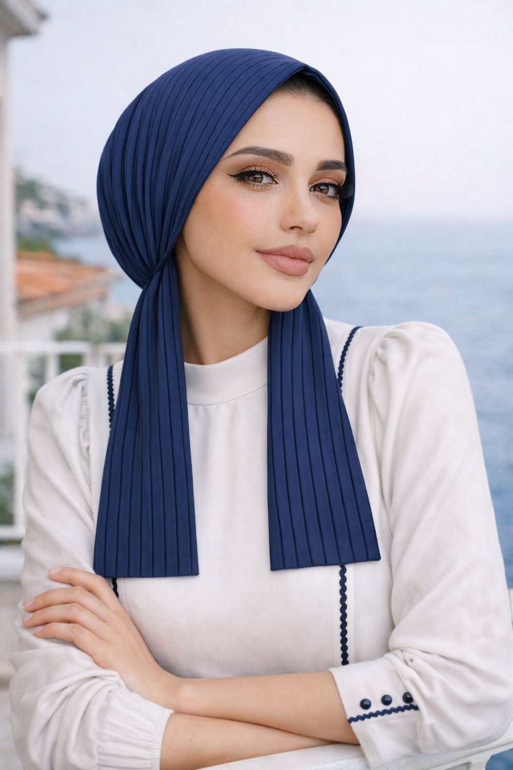 Lacivert Çizgili Eşarp Bone