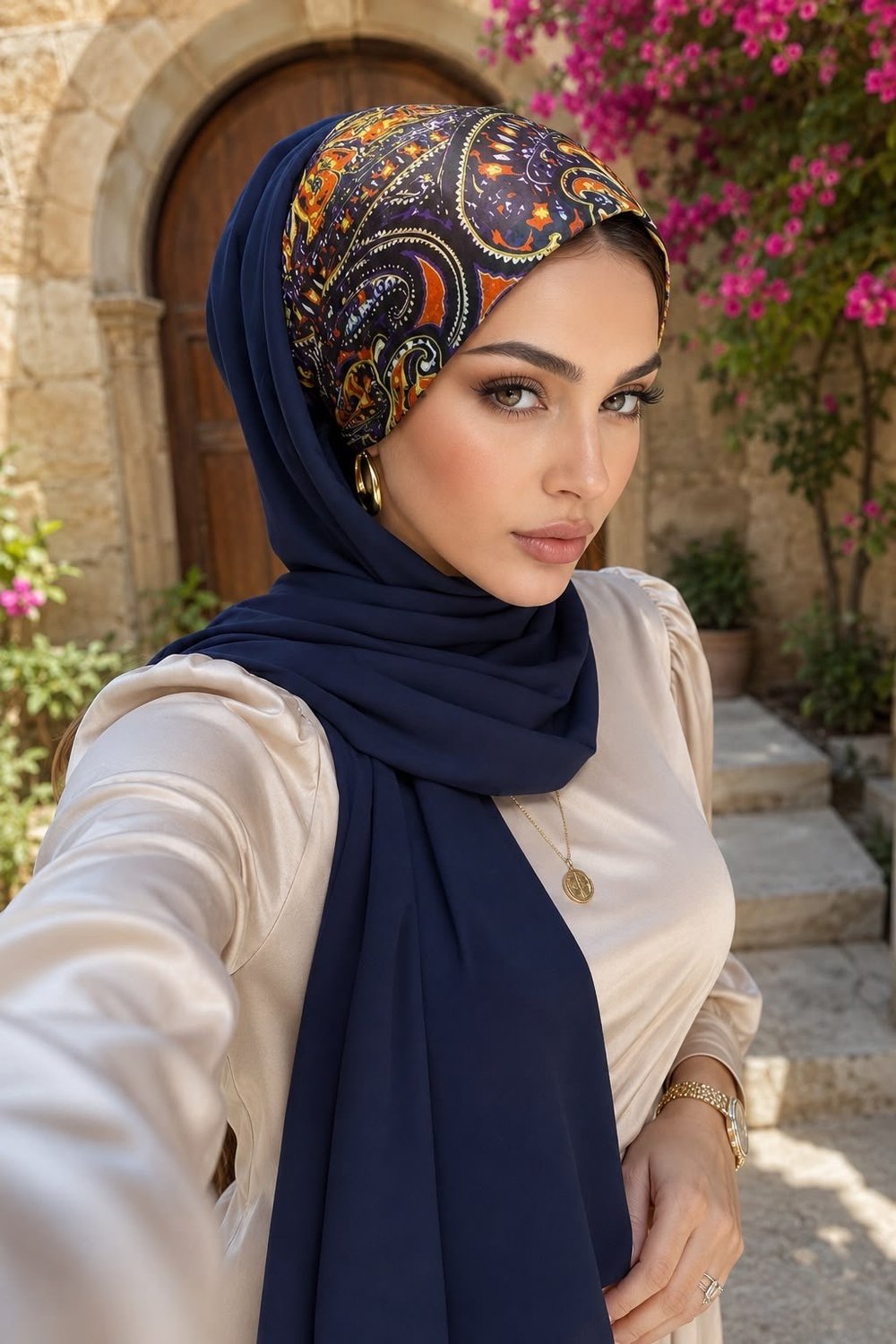 Lacivert Etnik Desen Bandana Hazır Şal