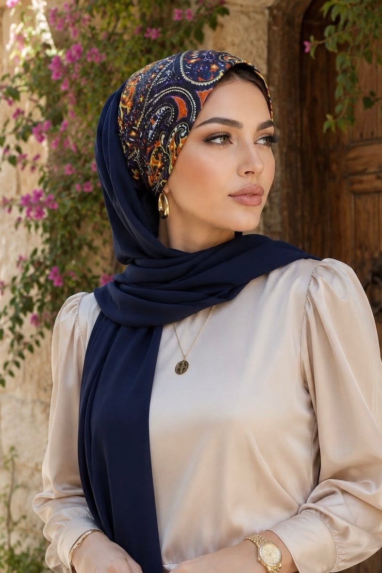 Lacivert Etnik Desen Bandana Hazır Şal