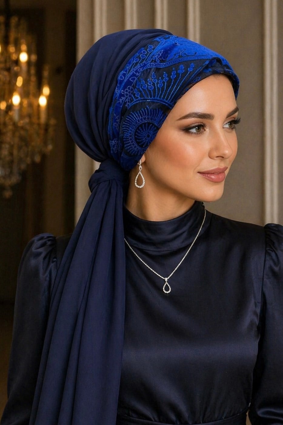 Lacivert Saks Mavi Abiye Tokalı Bone / Hazır Duvak
