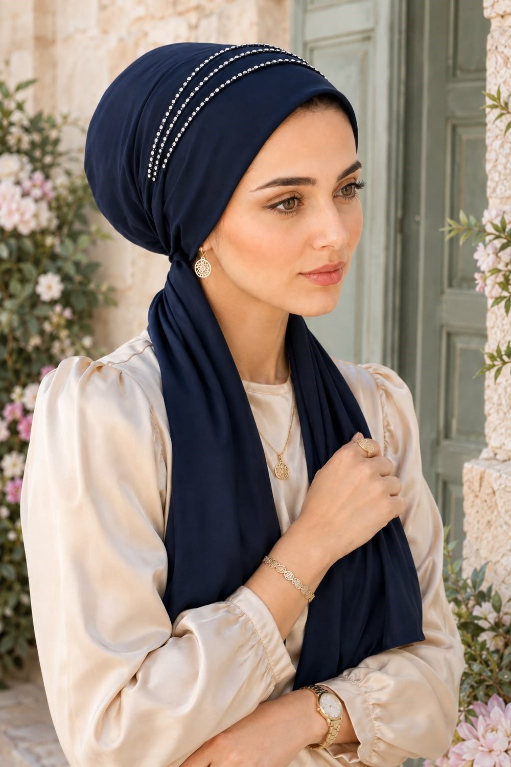 Lacivert Taşlı Abiye Eşarp Bone