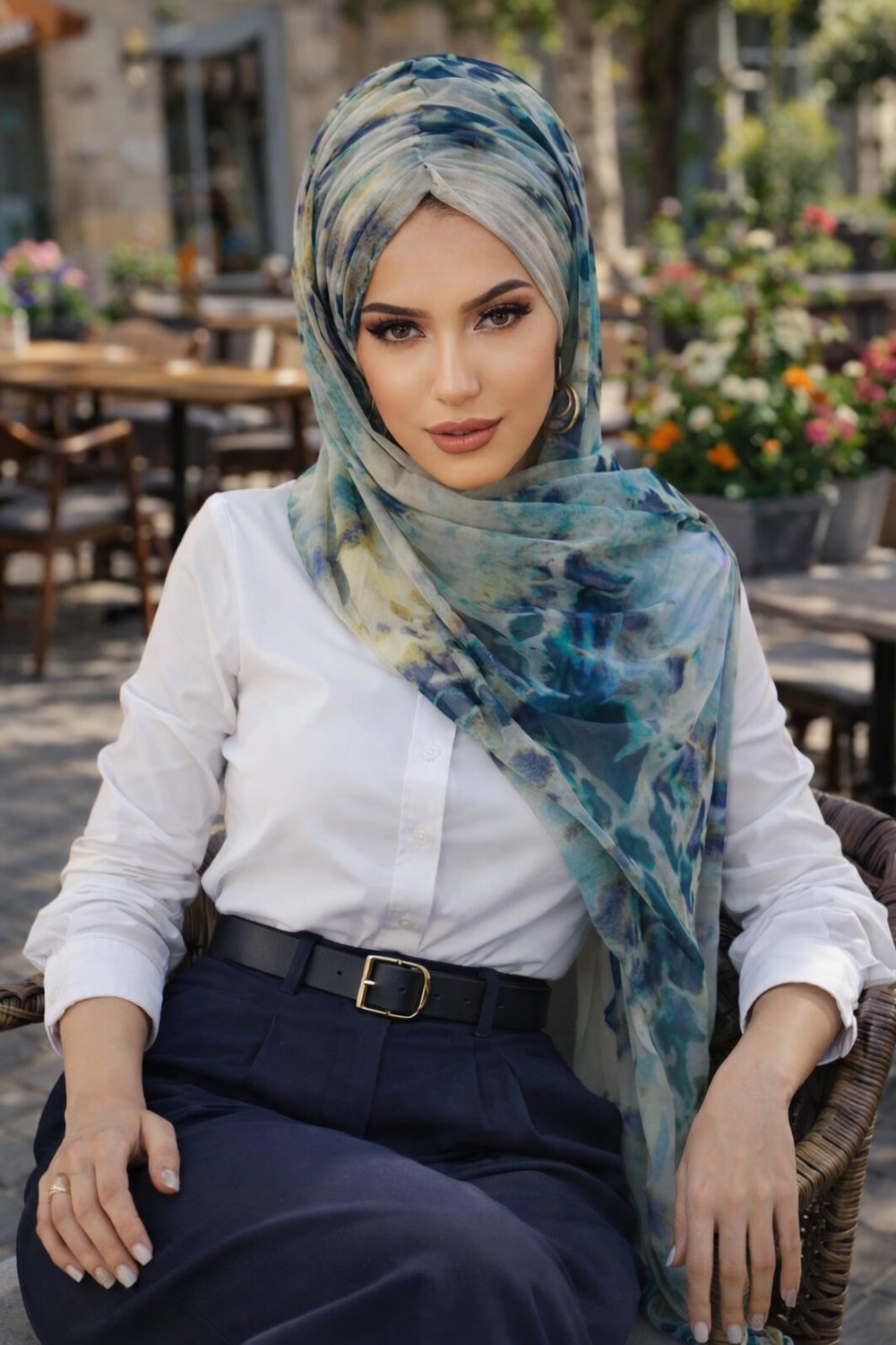 Lacivert Turkuaz Tonlamalı Hazır Şal