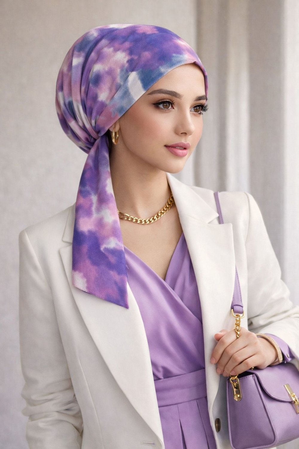 Lila Batik Desen Eşarp Bone