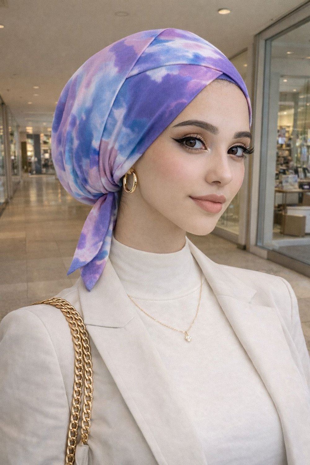 Lila Beyaz Batik Çapraz Bantlı Bone