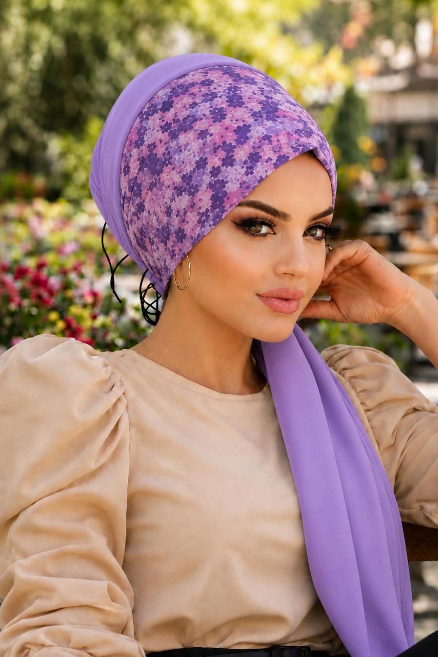 Lila Çiçek Bandana Hazır Şal