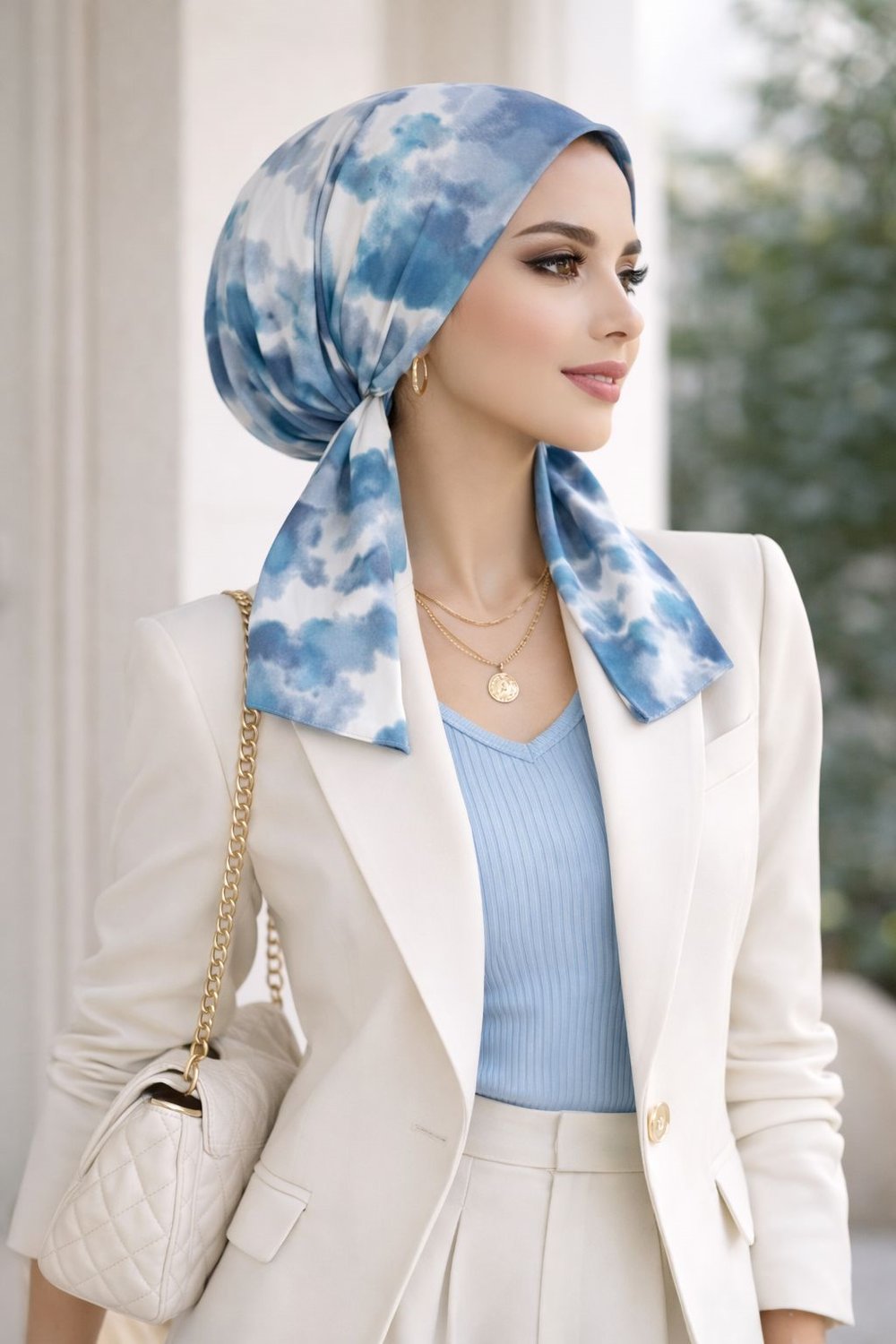 Mavi Batik Desen Eşarp Bone