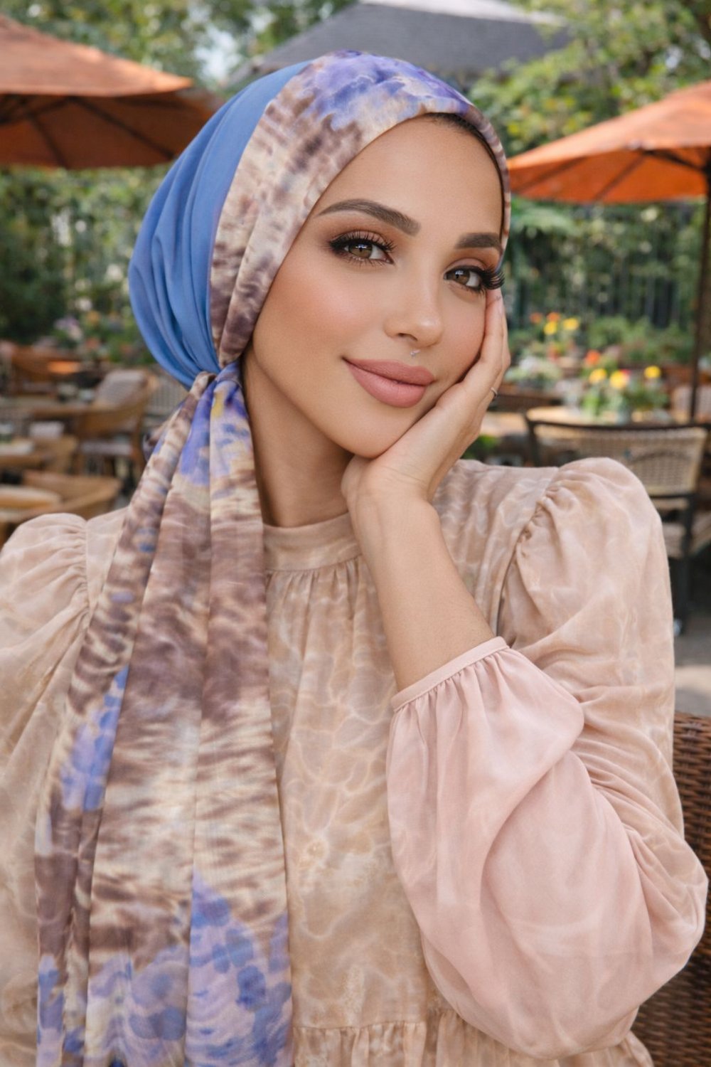 Mavi Bej Batik Desen Eşarp Bone