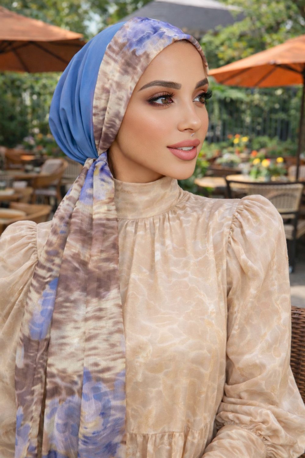 Mavi Bej Batik Desen Eşarp Bone