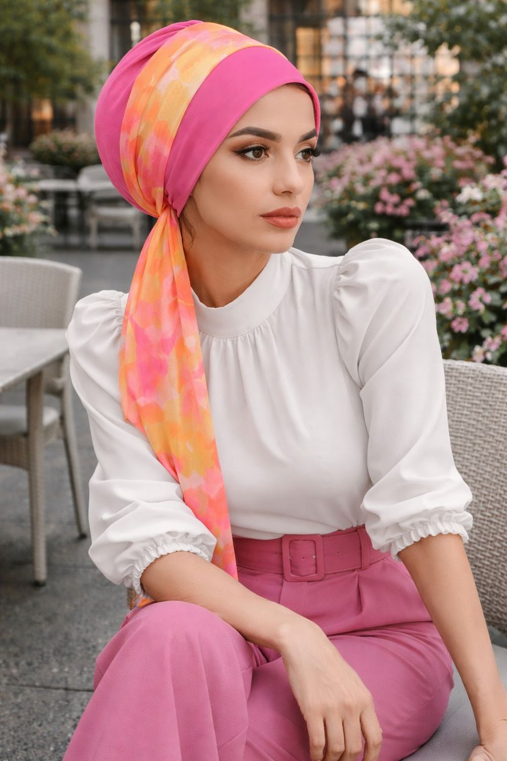 Pembe Batik Desen Fularlı Bone