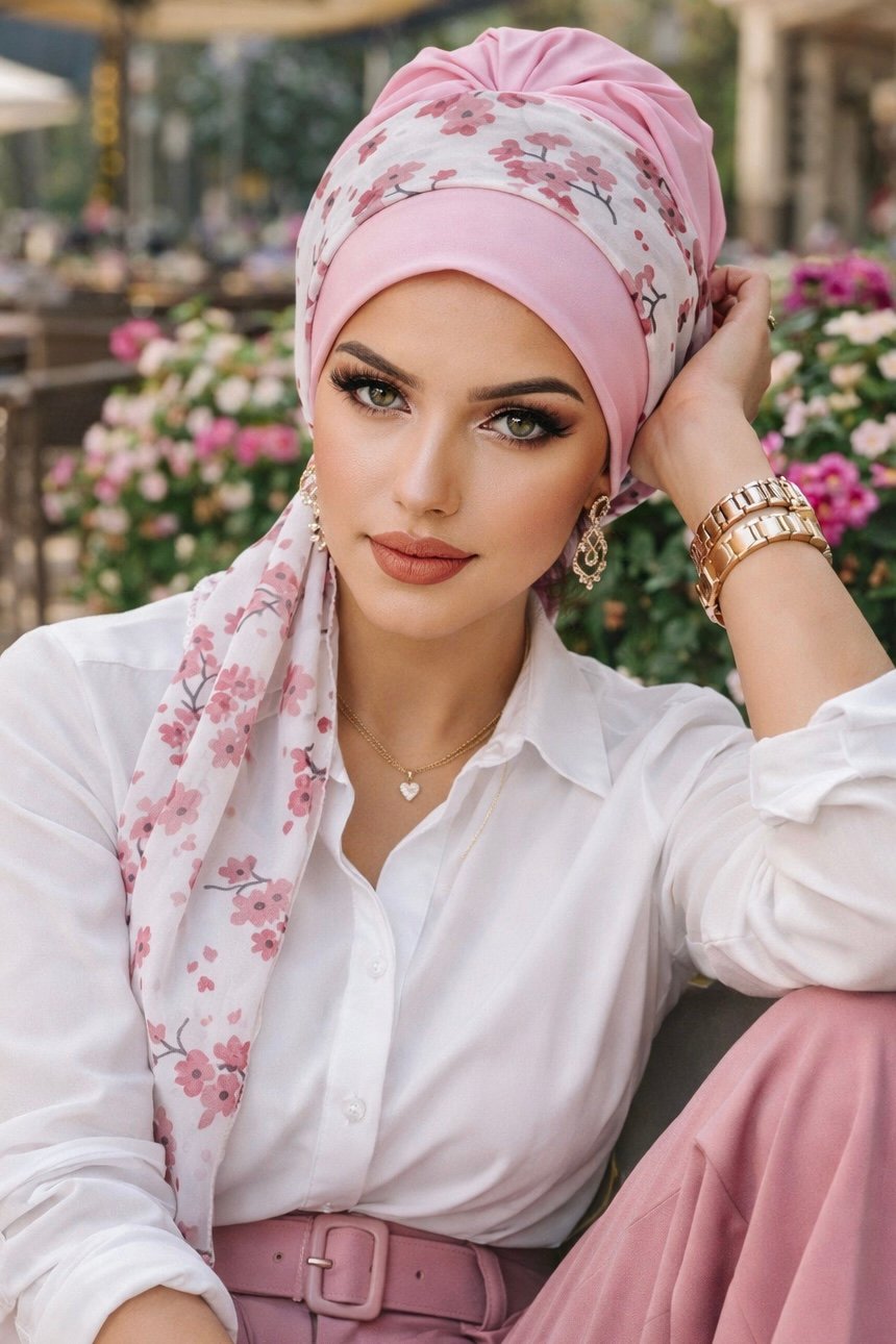 Pudra Çiçek Desen Fularlı Bone