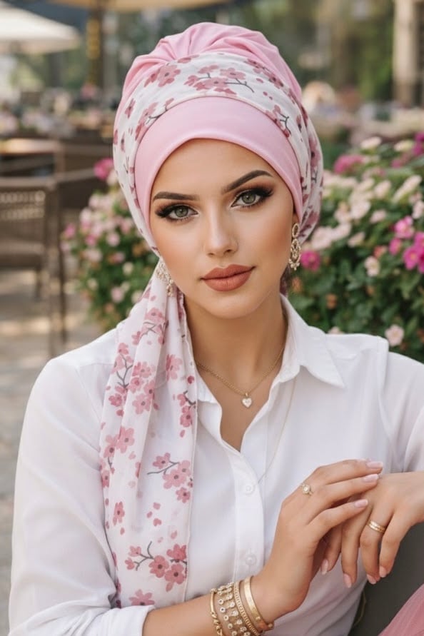 Pudra Çiçek Desen Fularlı Bone