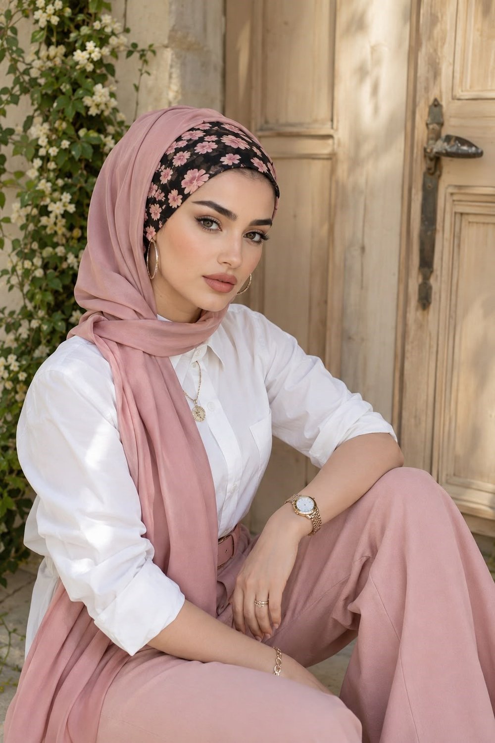 Pudra Çiçekli Bandana Önü Düz Hazır Şal