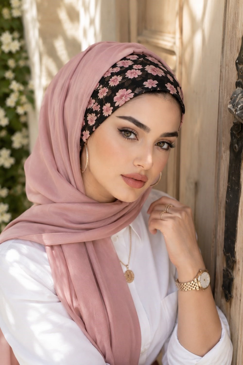Pudra Çiçekli Bandana Önü Düz Hazır Şal