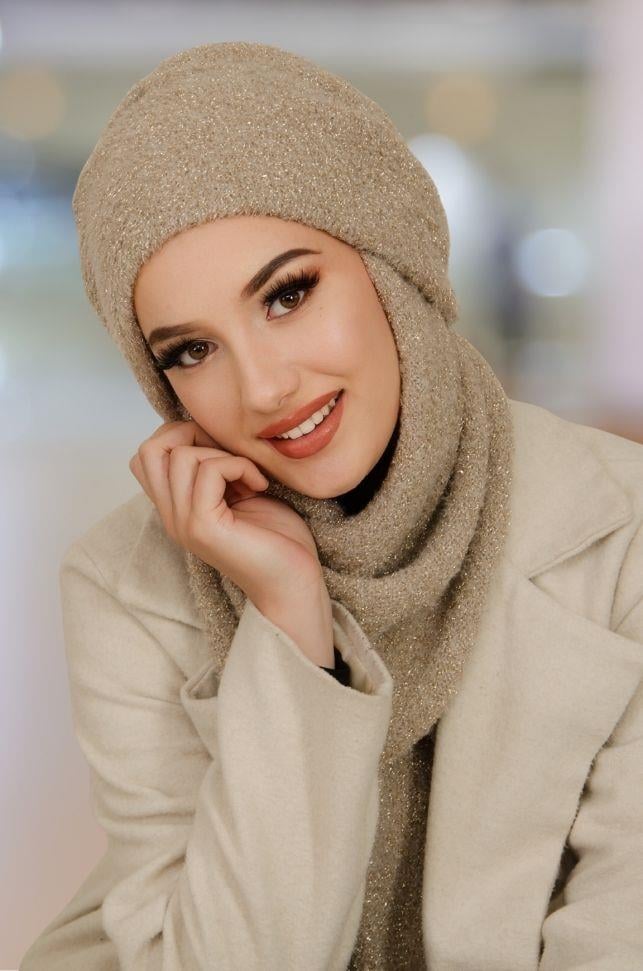 Taş Rengi Kışlık Kelebek Bone Şal