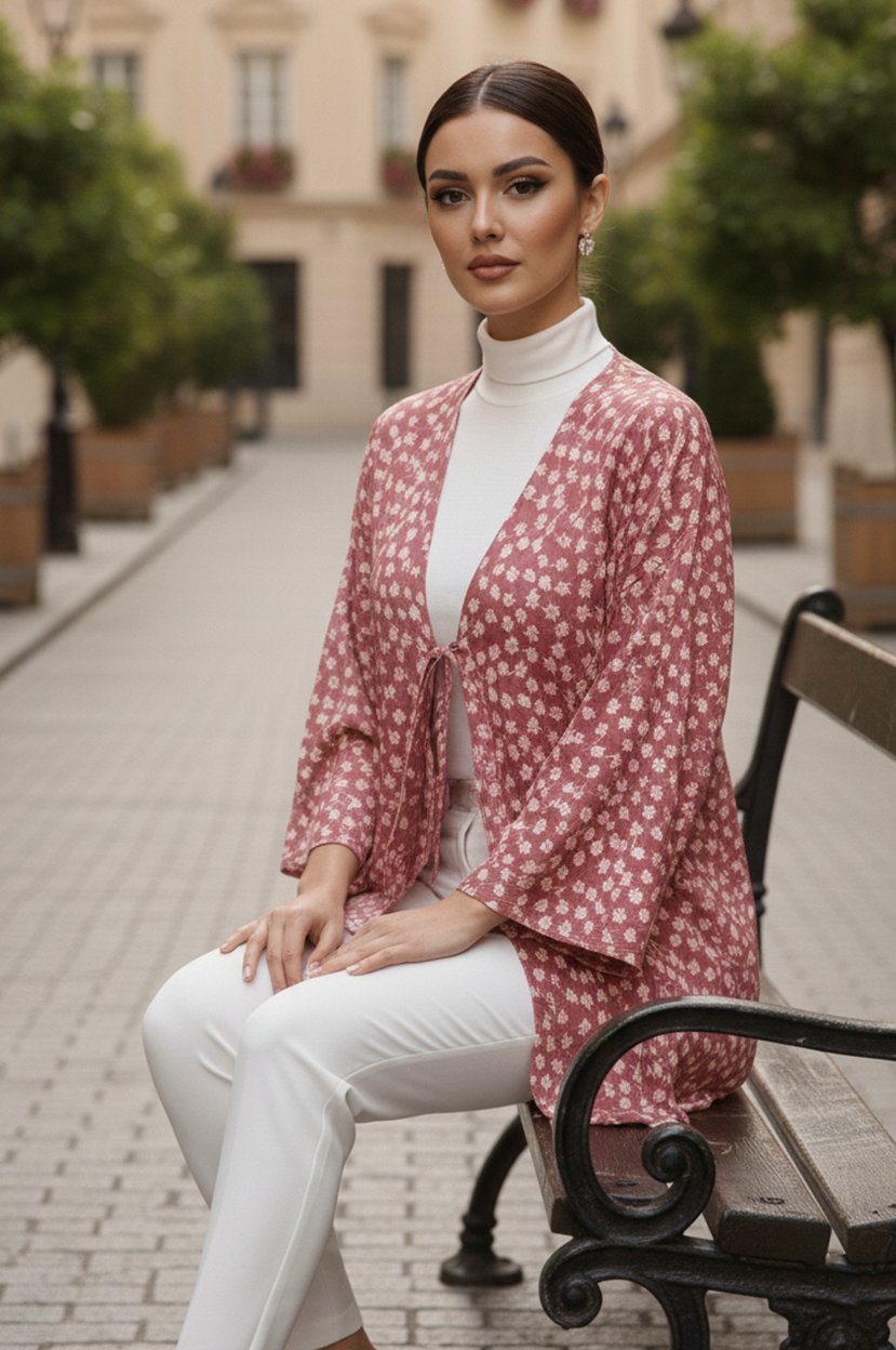 Pudra Çiçekli Önü Bağlamalı Kimono Tunik / Ütü İstemez 85 CM BOY