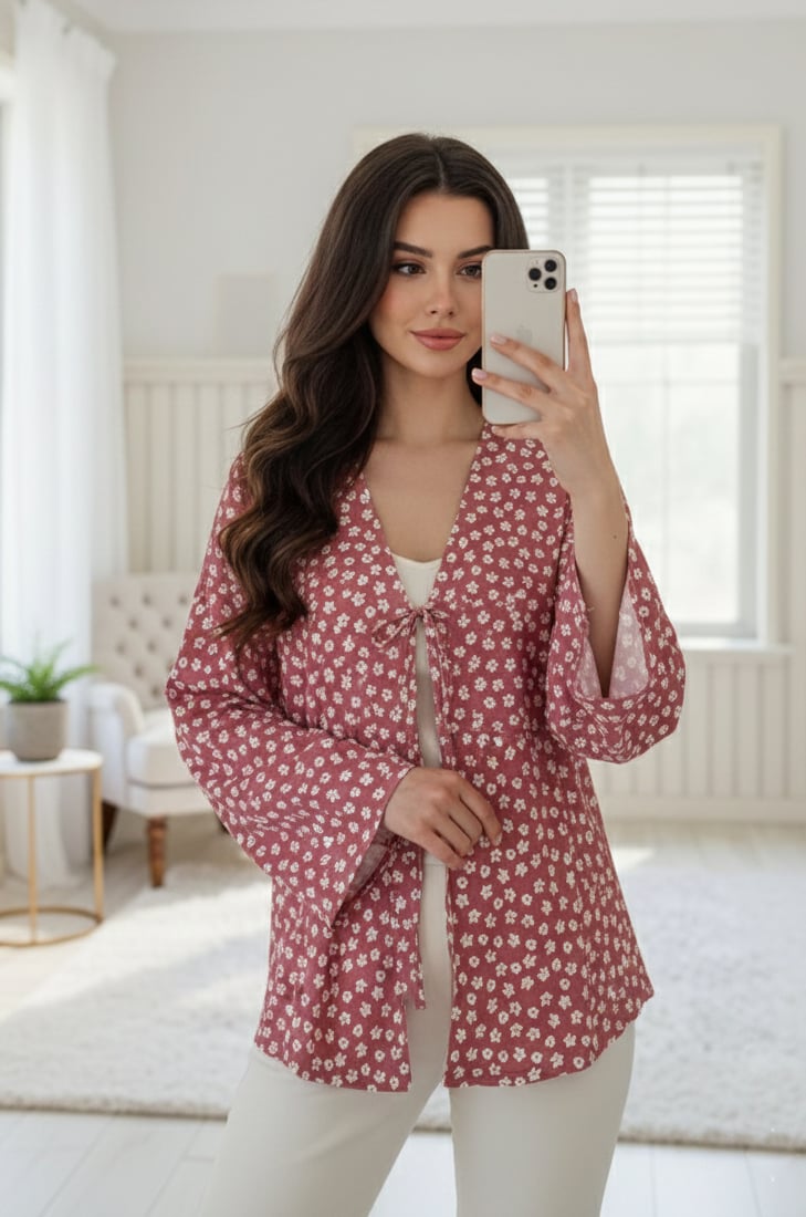 Pudra Çiçekli Önü Bağlamalı Kimono Tunik / Ütü İstemez 85 CM BOY