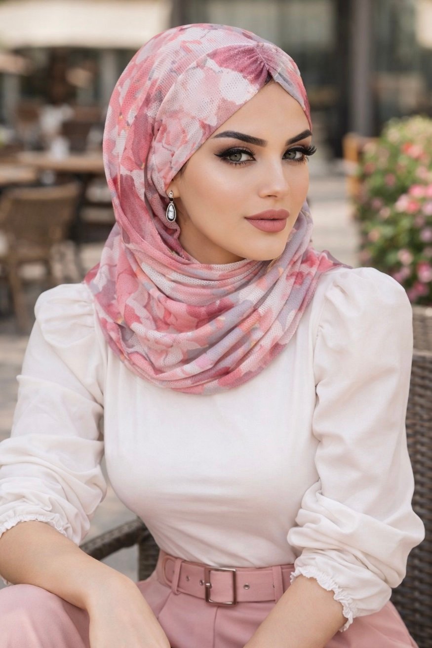 Pudra Gri Desenli Hazır Şal Eşarp