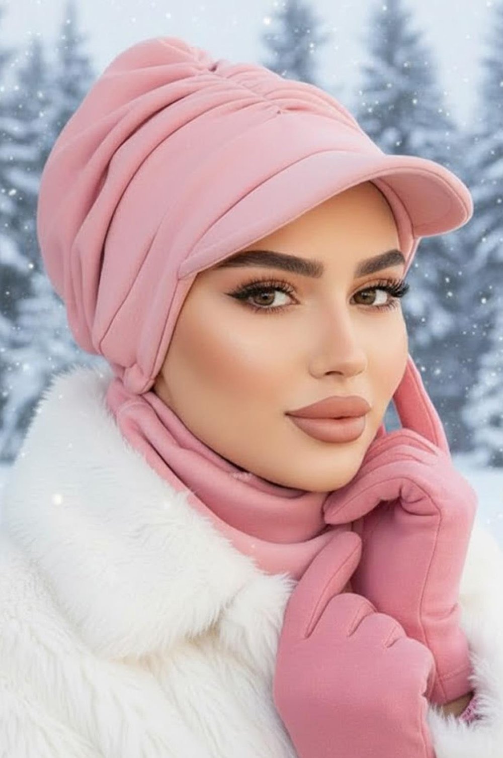 Pudra Kışlık Büzgülü Tesettür Şapka Ve Etol Takım