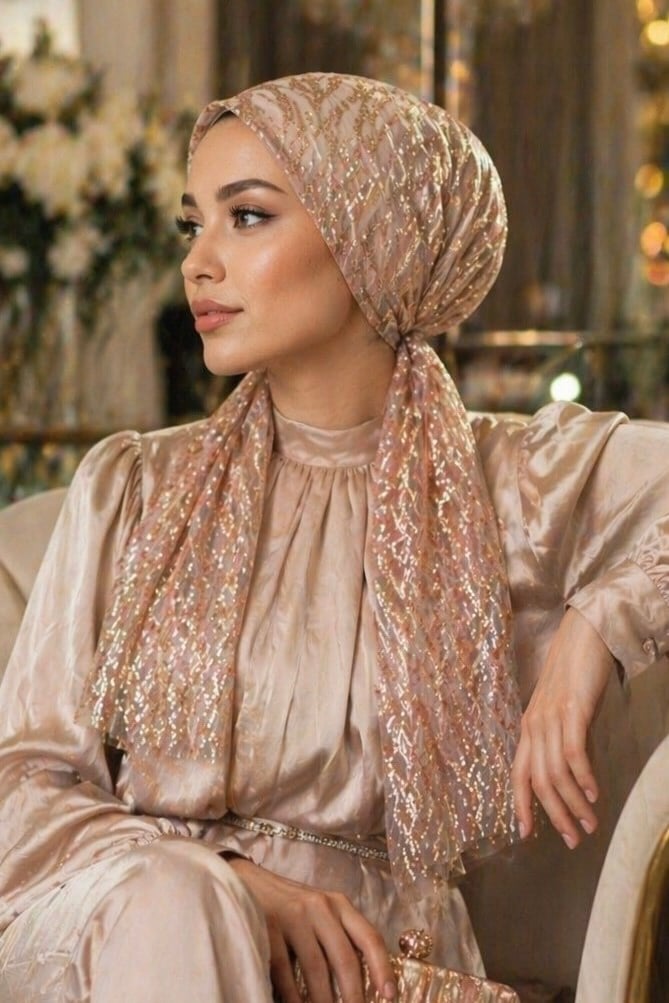 Pudra Simli Abiye Eşarp Bone