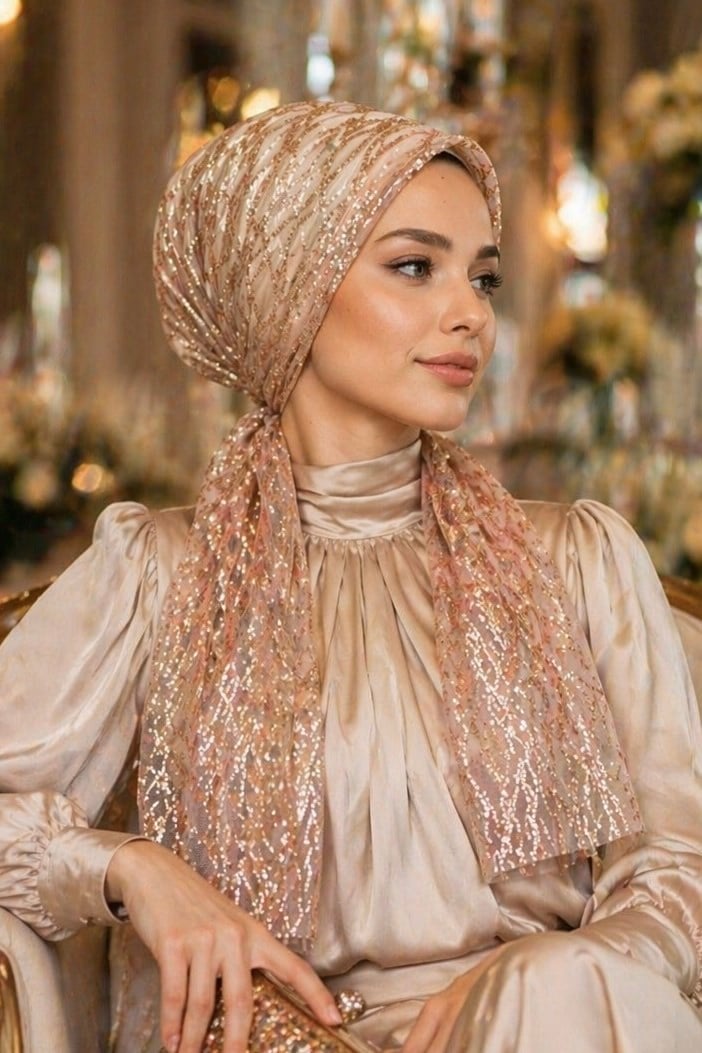 Pudra Simli Abiye Eşarp Bone