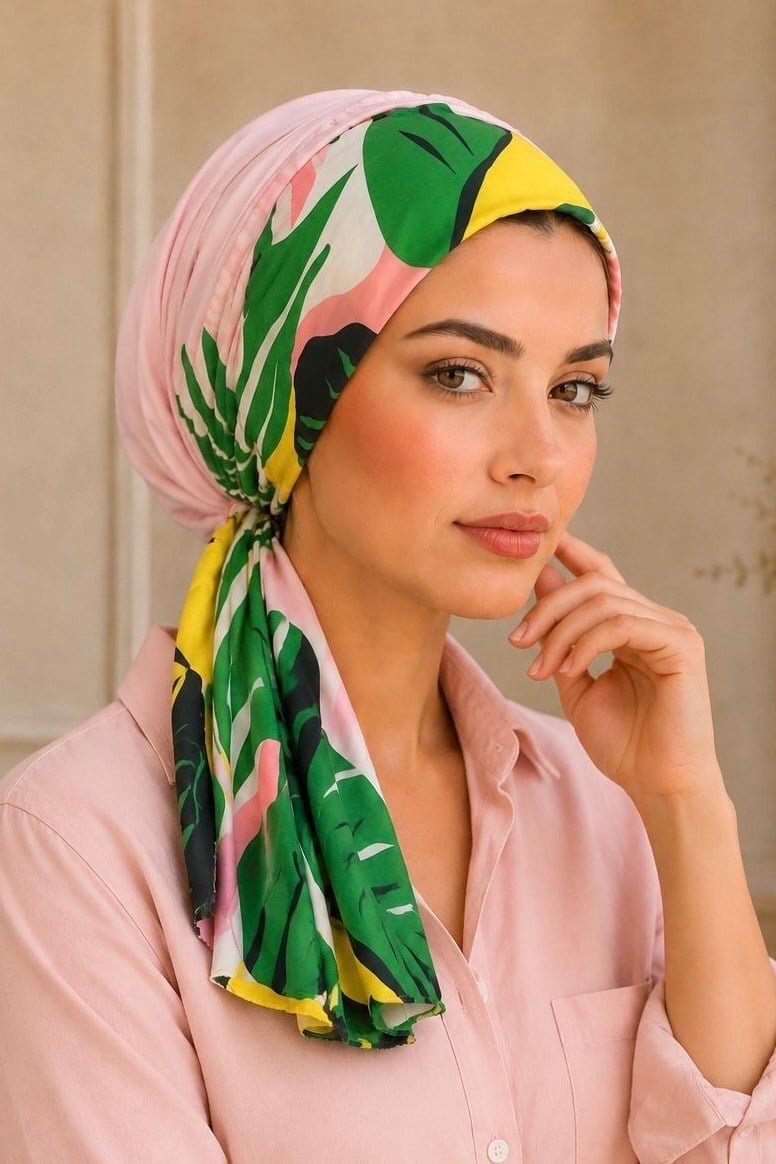 Pudra Yaprak Desen Eşarp Bone