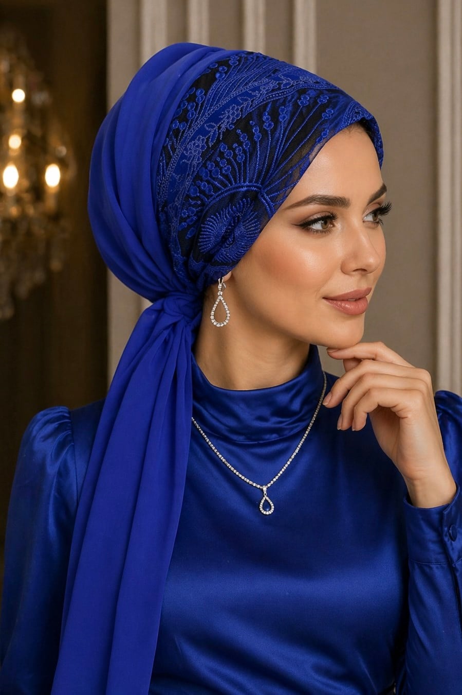 Saks Mavi Abiye Tokalı Bone / Hazır Duvak