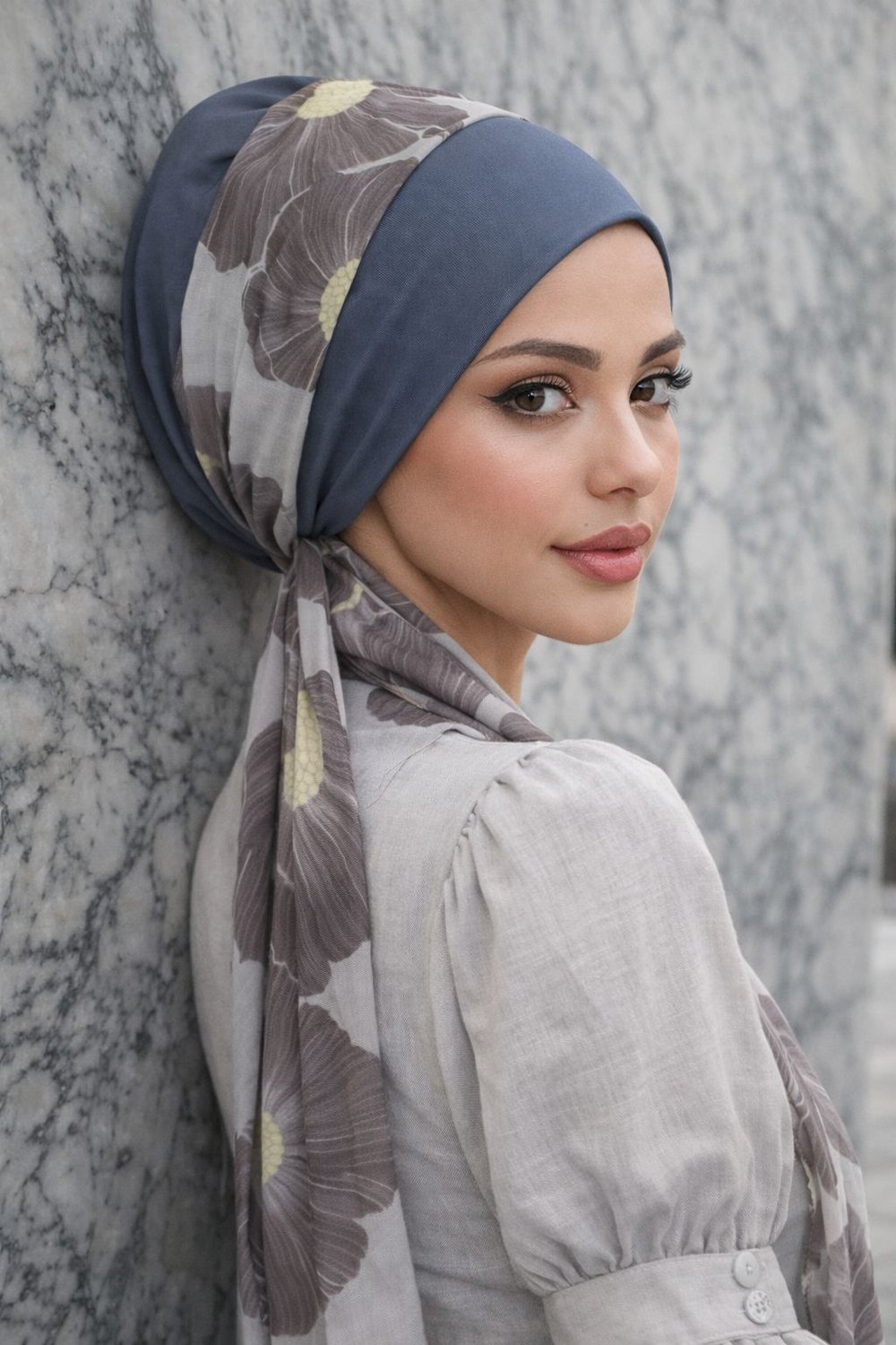 Saks Mavi Batik Desen Fularlı Bone