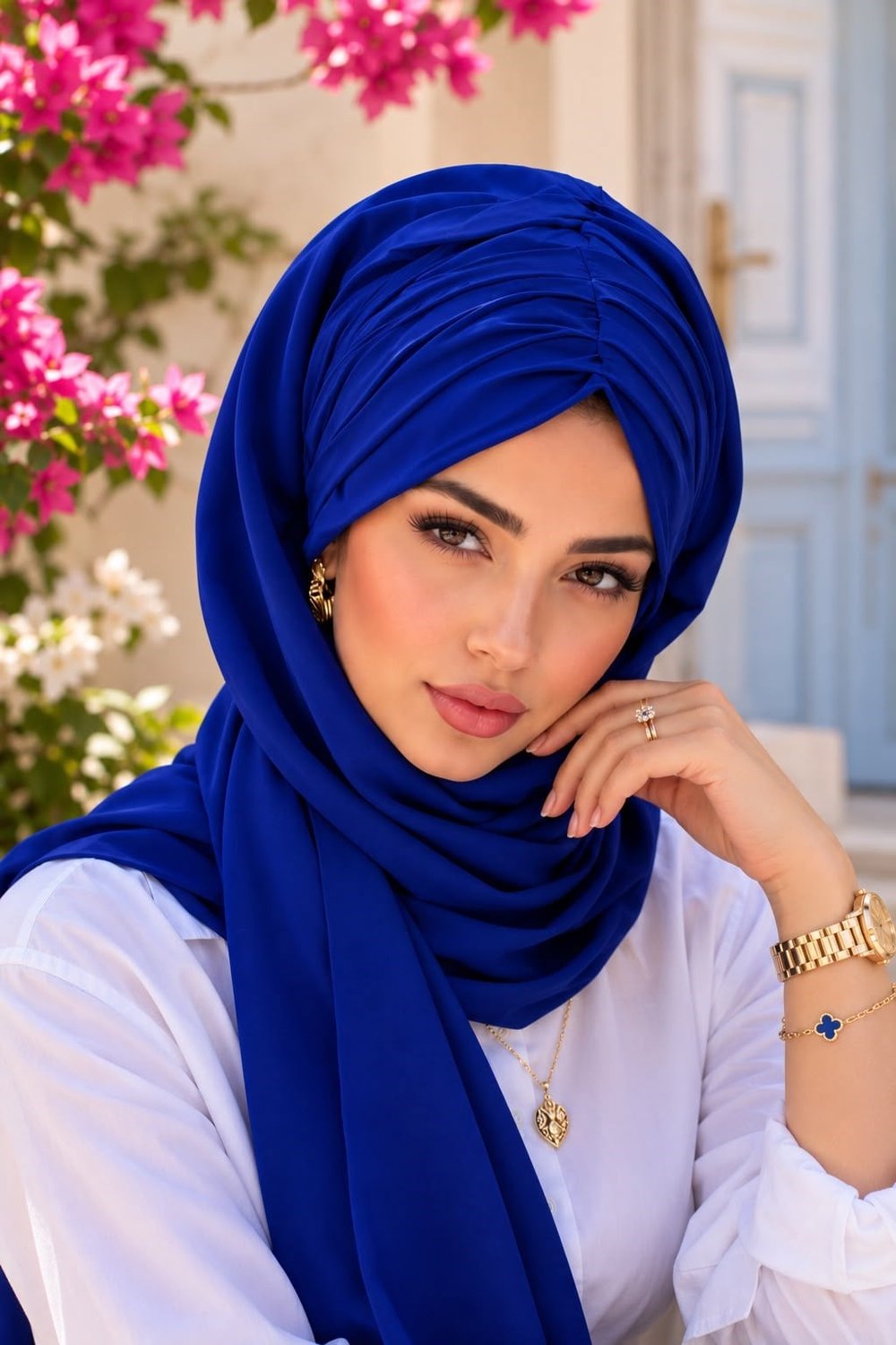 Saks Mavi Büzgülü Kelebek Bone Şal