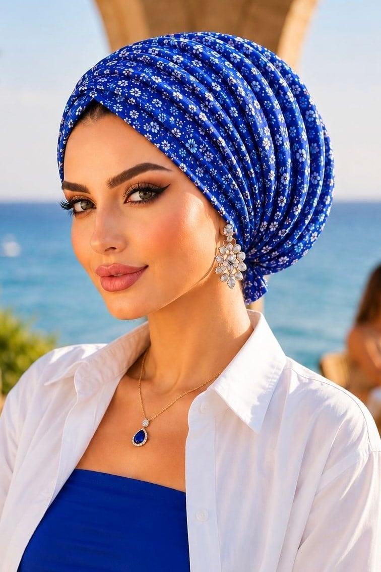 Saks Mavi Çiçek Desenli Tokalı Bone