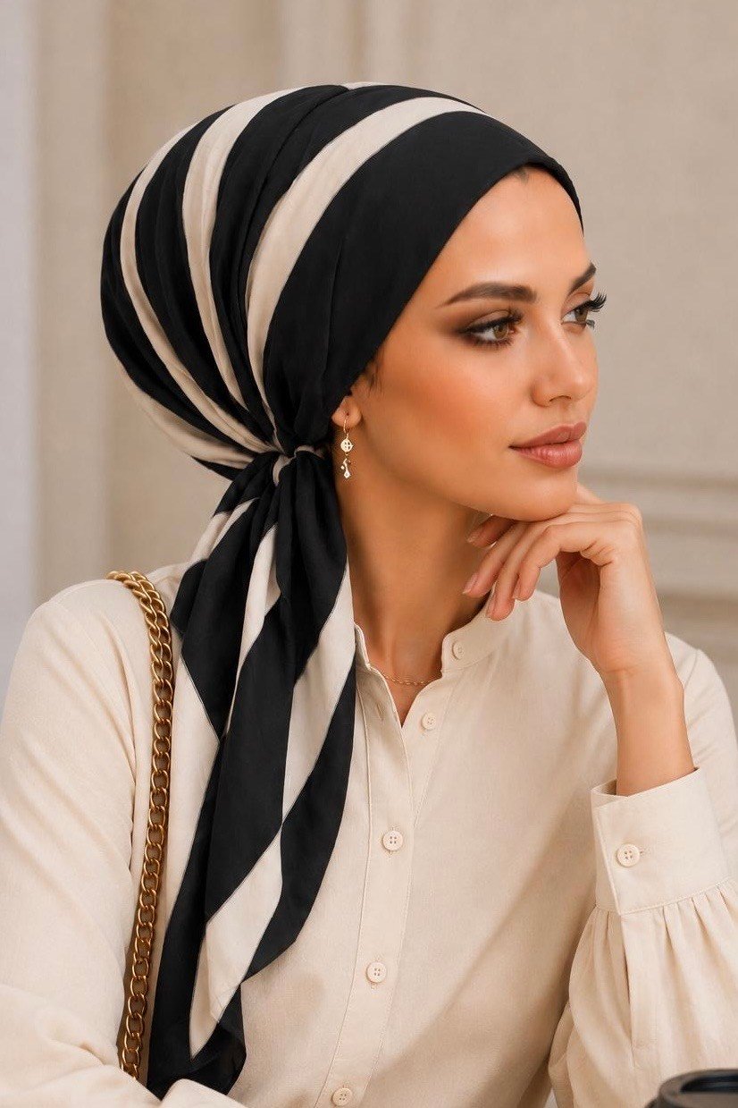 Siyah Beyaz Desen Eşarp Bone
