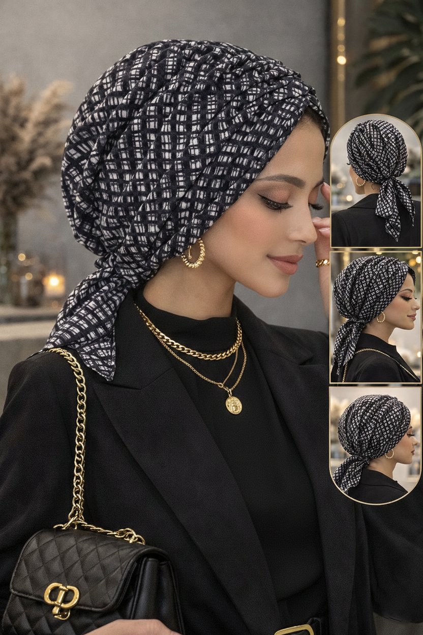 Siyah Beyaz Desen Tokalı Bone