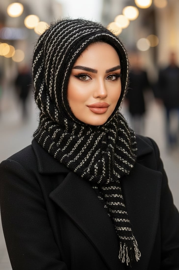 Siyah Beyaz Kapüşonlu Kışlık Çıtçıtlı Şal