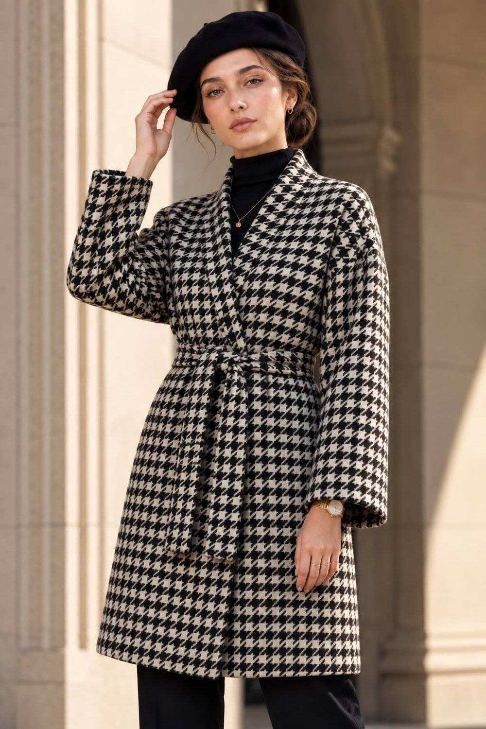 Siyah Beyaz Kaşe Kazayağı Desen Kuşaklı Kimono Ceket / Kışlık Ürün