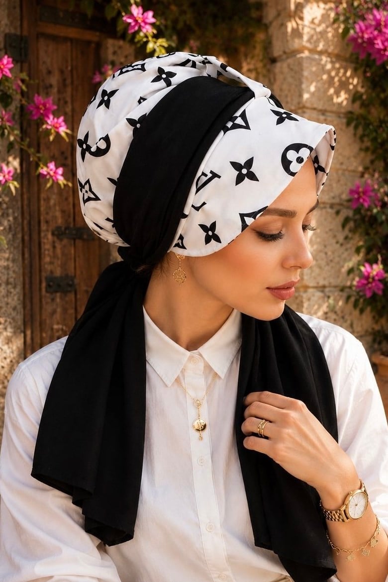 Siyah Beyaz Marka Desen Fularlı Şapka
