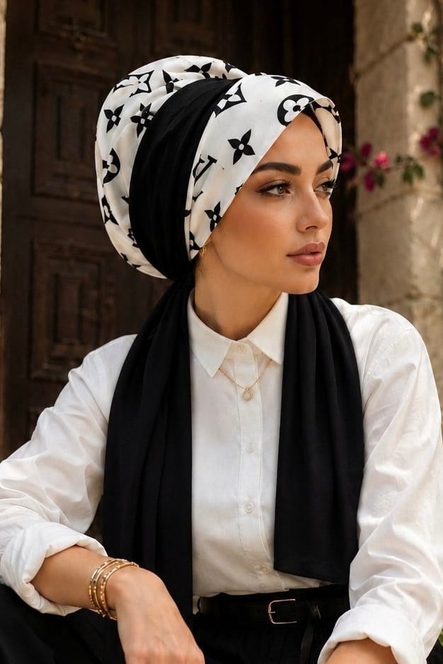 Siyah Beyaz Marka Desen Fularlı Şapka