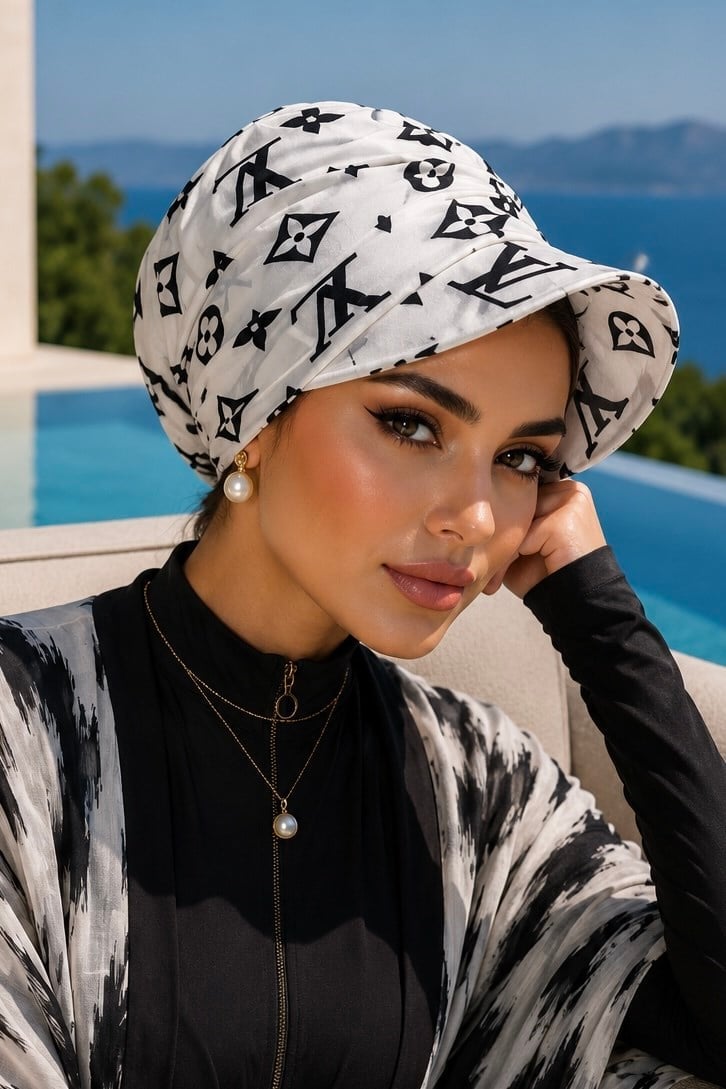 Siyah Beyaz Modern Desen Tesettür Şapka Bone