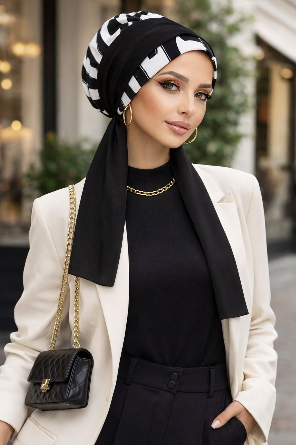 Siyah Beyaz Piliseli Fularlı Bone