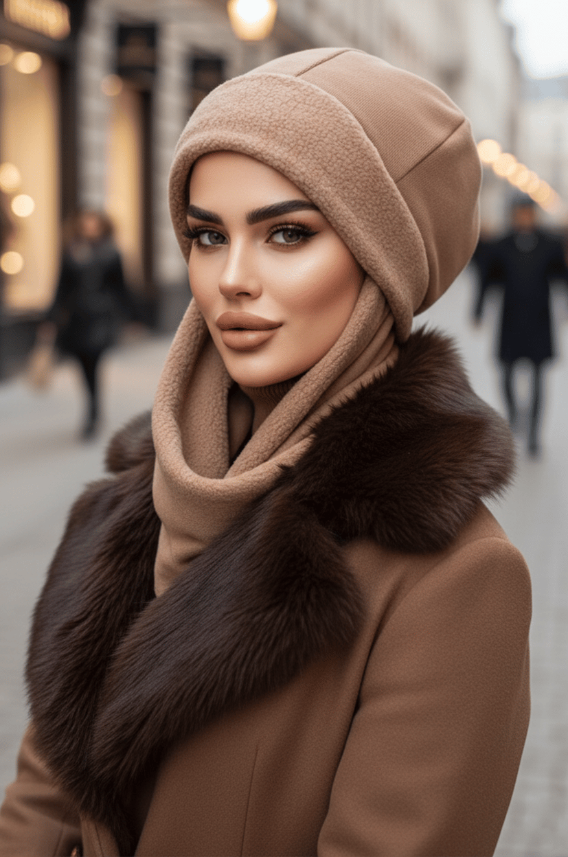 Camel Atkılı Tesettür Bere / UZUN ATKILI