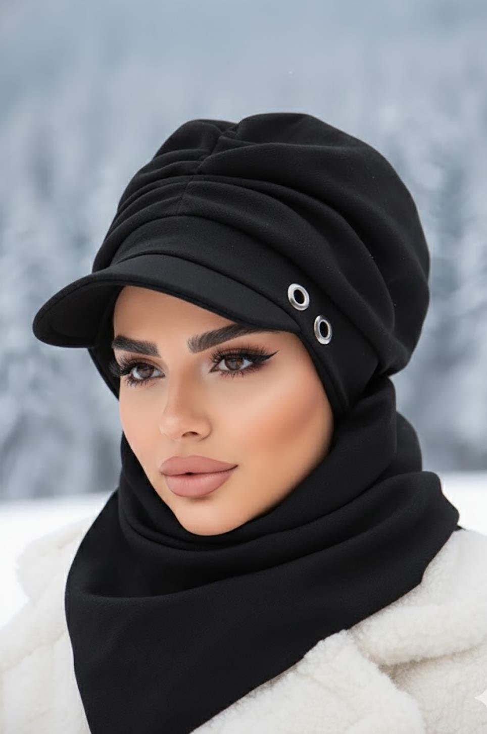 Siyah Büzgülü Tesettür Şapka Ve Etol Takım