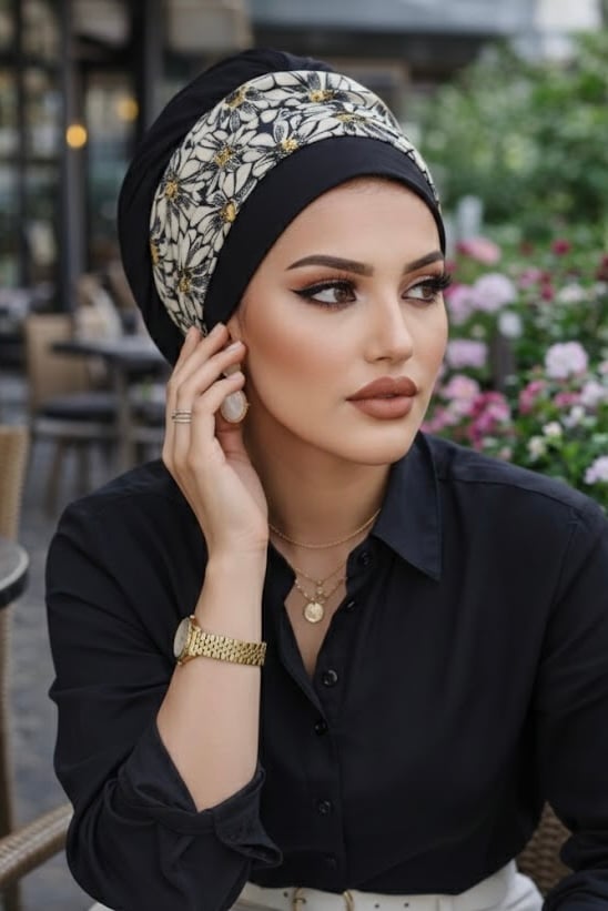 Siyah Ekru Desen Bantlı Bone