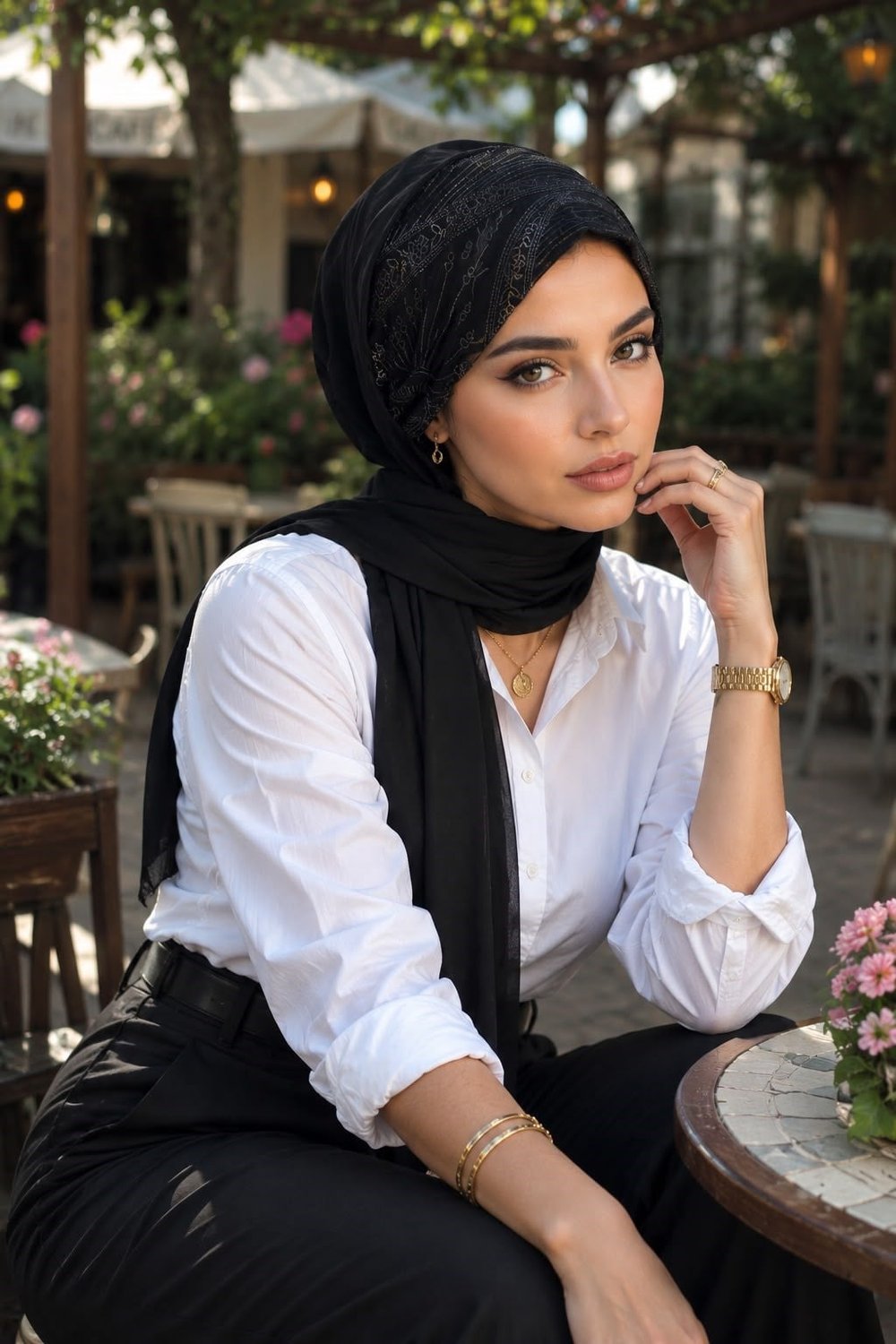 Siyah Flok Baskılı Bağcıklı Bandana Şal